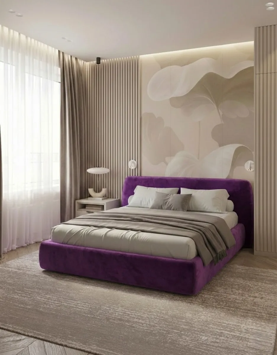 Двуспальная кровать Эндре 160x200 с мягким изголовьем (фиолетовый микровельвет) Кровать двуспальная Эндре с мягким изголовьем (фиолетовый микровельвет)