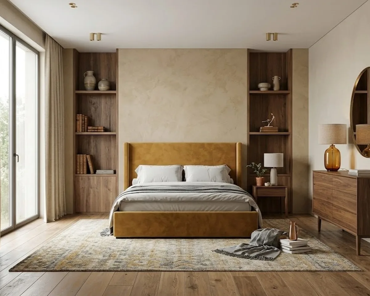 Кровать горчичного цвета двуспальная Трина 140x200, выполненная в современном стиле Кровать горчичного цвета двуспальная Трина, исполненная в современном стиле