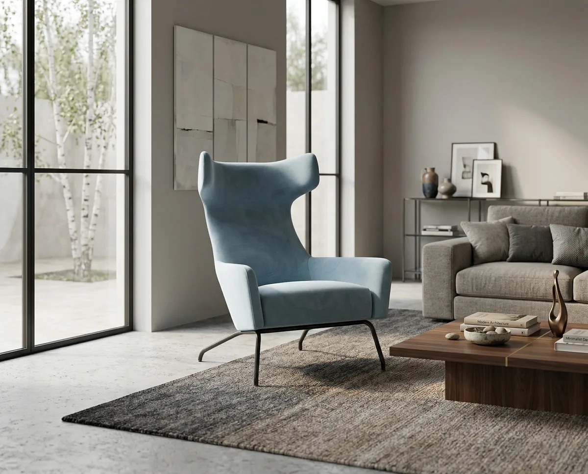 Синее кресло Палл от Калибрум, выполненное в современном стиле Синее кресло Палл от Kalibroom, исполненное в современном стиле